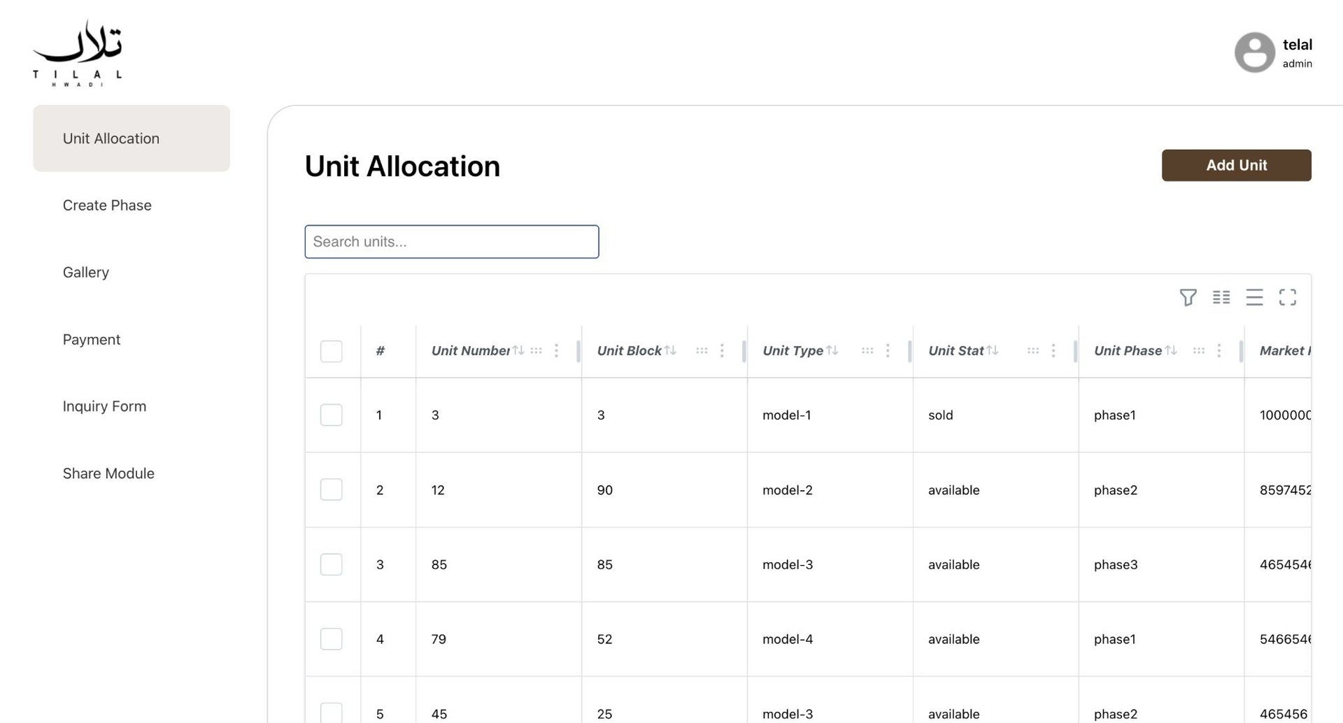 Developer Dashboard unit allocation screen
